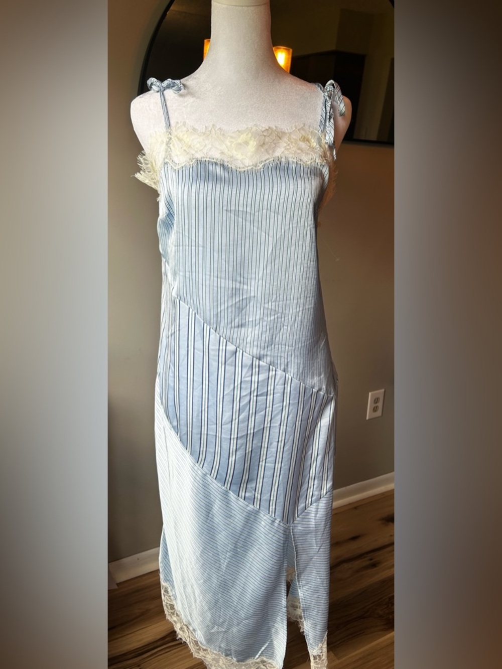 Future Collective Light Blue Striped Lace-Trim Slip Dress size S